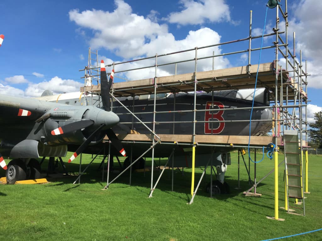 The scaffolding around the nose and forward fuselage of the Newark Air Museum’s Avro Shackleton, WR977